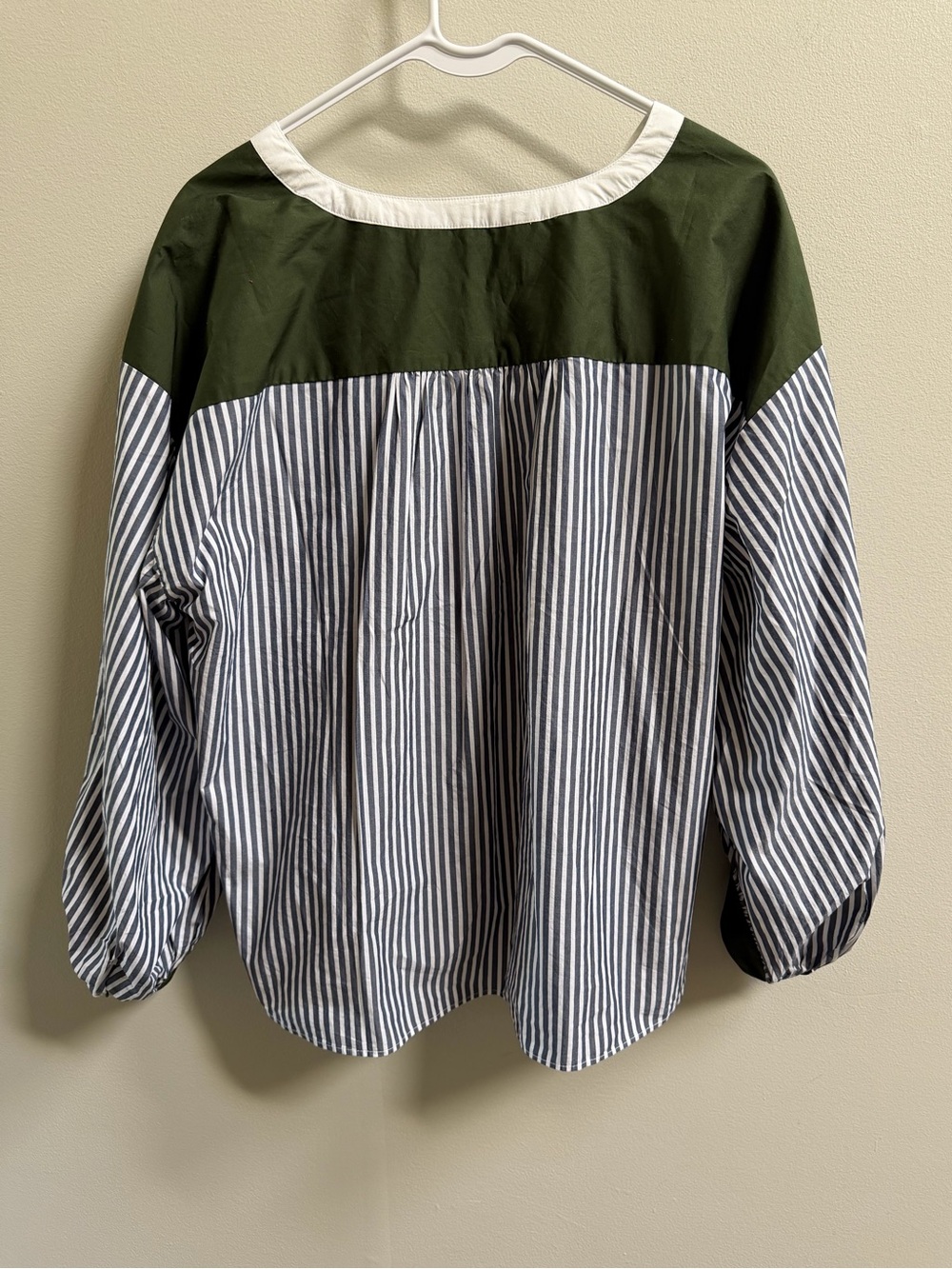 Ann Taylor‎ LOFT Striped Colorblock Poplin Bishop Sleeve Blouse Preppy Coastal L - Picture 11 of 14